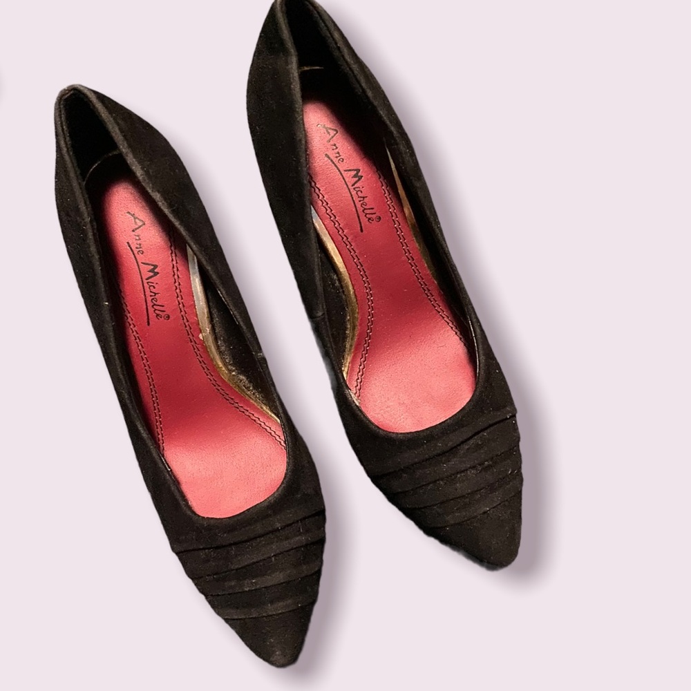 ANN MICHELL POINTY TOE BLACK SUEDE VELVET PUMPS 6.5
